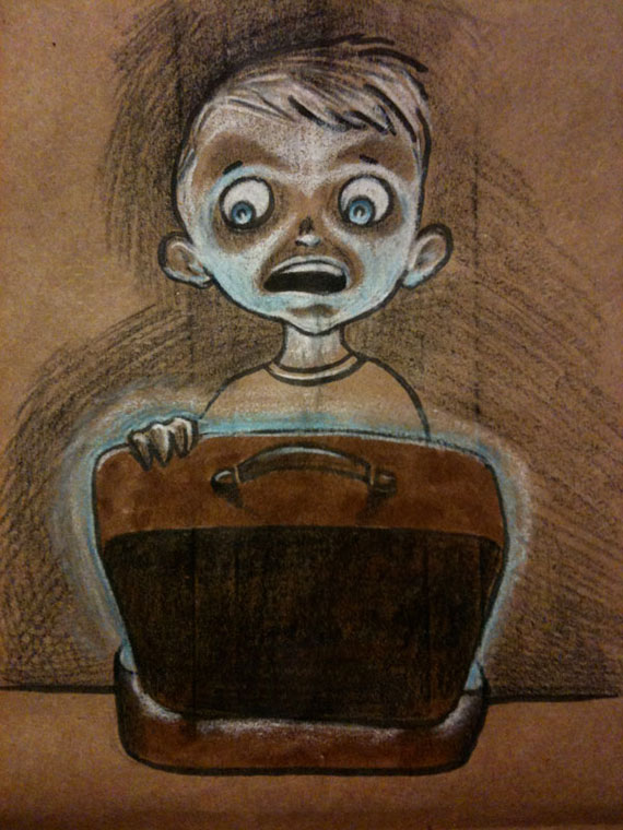 Illustration of Boy looking into glowing lunchbox on a lunchbag