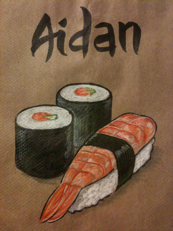 An illustration of a selection of sushi, on a lunchbag